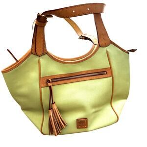 Dooney & Bourke Maddie bag saffiano leather green & tan double straps tassel